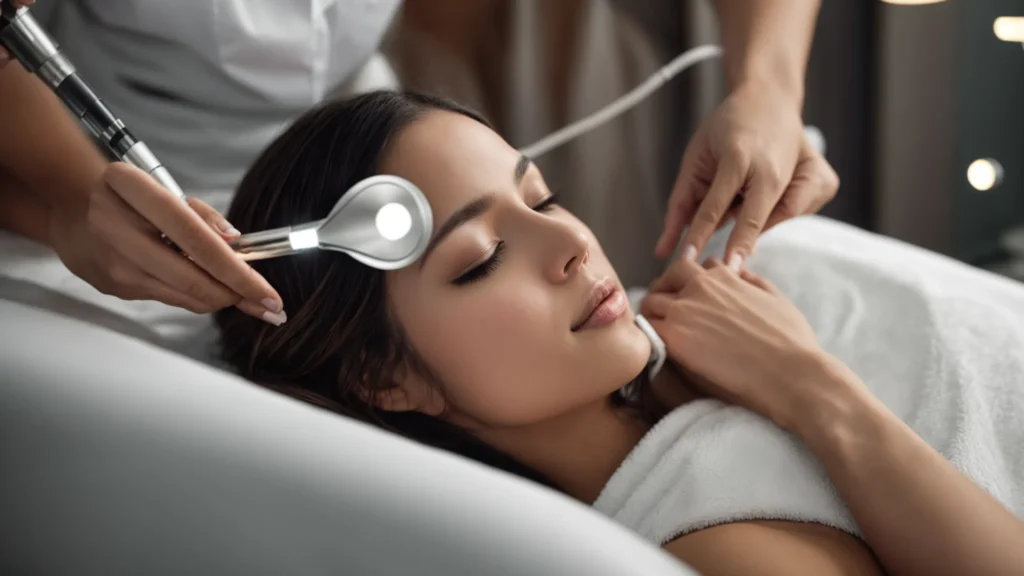 a woman lies on a spa bed while a skincare specialist applies a treatment with a high-tech device to her glowing face.